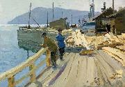 Anatoli Ilych Vasiliev Baikal Lake boat station. At the moorage Sweden oil painting artist